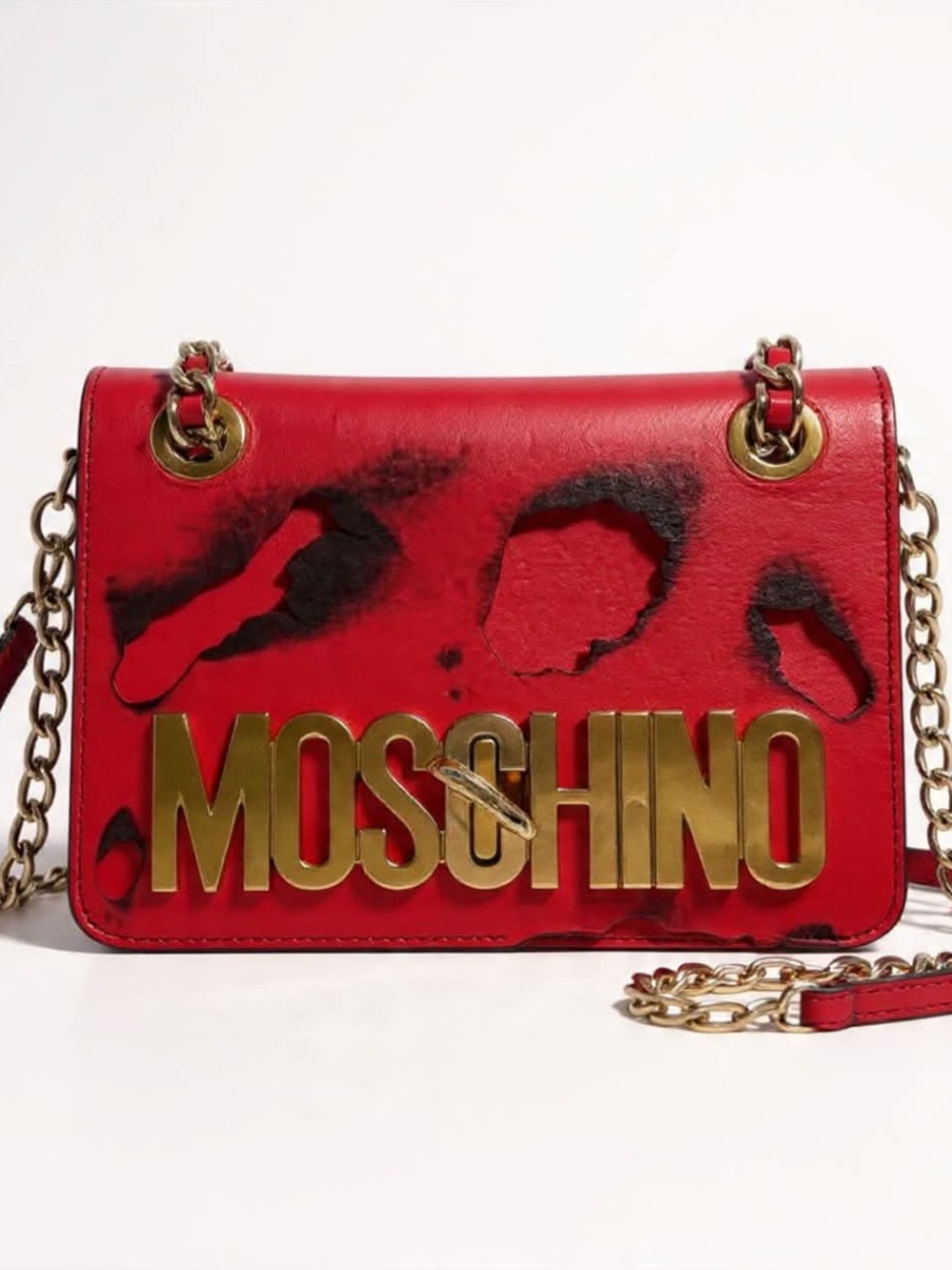Moschino Burnt Design Red Leather Shoulder Bag with Gold Logo Chain